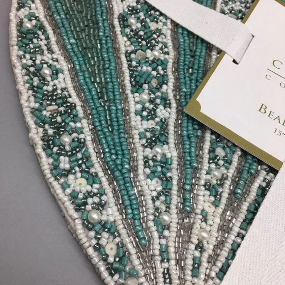 x4 Coastal Collection Beaded Seashell Placemat Set Ocean Beach Turquoise Silver